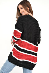 Black Red Colour Block Chunky Knit Cardigan - Brionna-Knitwear