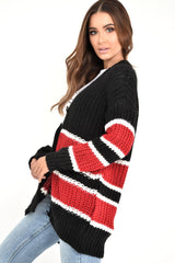 Black Red Colour Block Chunky Knit Cardigan - Brionna-Knitwear