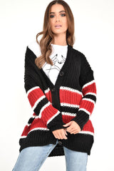Black Red Colour Block Chunky Knit Cardigan - Brionna-Knitwear