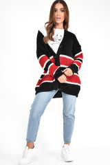 Black Red Colour Block Chunky Knit Cardigan - Brionna-Knitwear