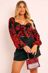 Black Red Floral Milkmaid Crop Top - Eyra-Crop Tops