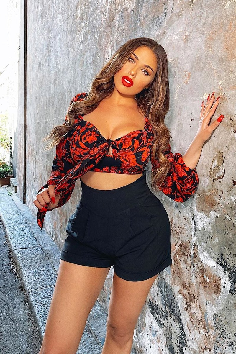 Black Red Floral Milkmaid Crop Top - Eyra-Crop Tops
