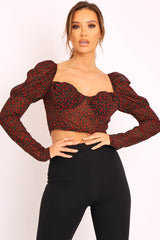 Black Red Floral Print Puff Sleeve Milkmaid Crop Top - Caddie-Crop Tops