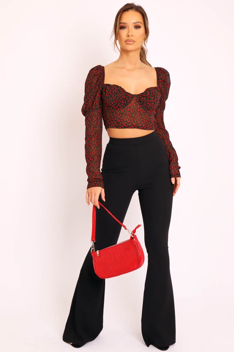 Black Red Floral Print Puff Sleeve Milkmaid Crop Top - Caddie-Crop Tops