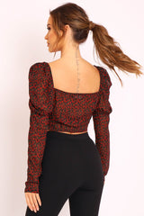 Black Red Floral Print Puff Sleeve Milkmaid Crop Top - Caddie-Crop Tops