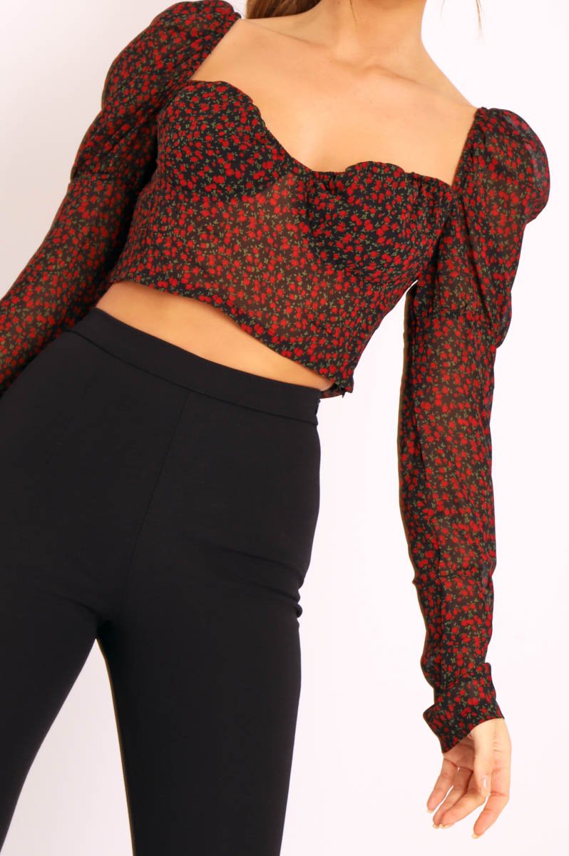 Black Red Floral Print Puff Sleeve Milkmaid Crop Top - Caddie-Crop Tops