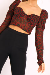 Black Red Floral Print Puff Sleeve Milkmaid Crop Top - Caddie-Crop Tops