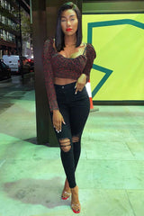 Black Red Floral Print Puff Sleeve Milkmaid Crop Top - Caddie-Crop Tops