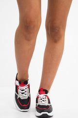 Black Red Lace Up Chunky Sole Trainers - Kristin-Trainers