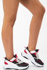 Black Red Lace Up Chunky Sole Trainers - Kristin-Trainers