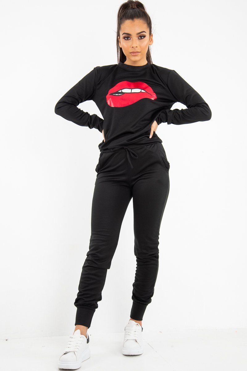 Black Red Lips Printed Tracksuit - Lydea-Tracksuits
