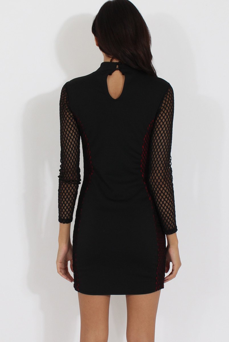 Black & Red Mesh Detail Cut Out Bodycon Dress - Derry-Dresses