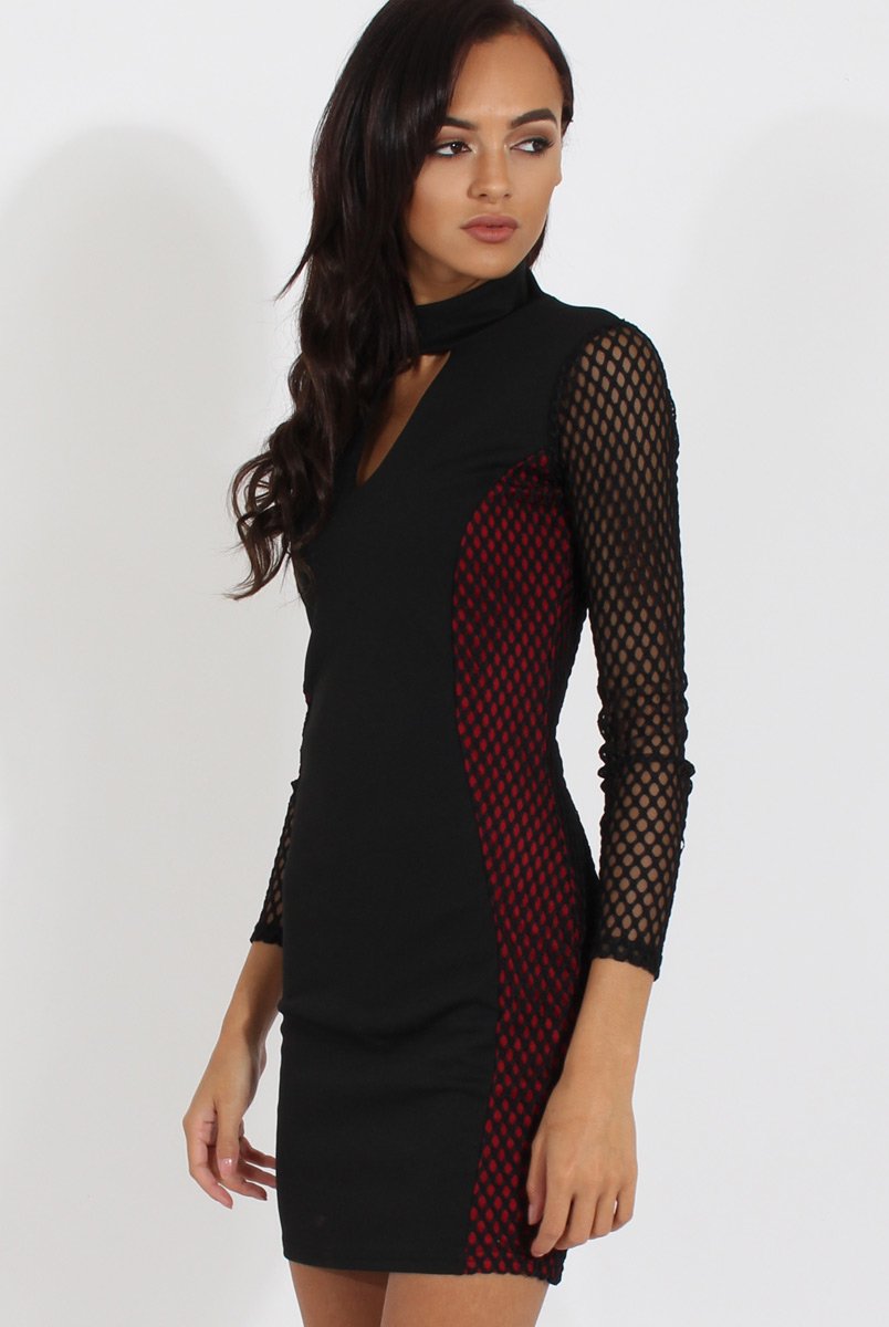 Black & Red Mesh Detail Cut Out Bodycon Dress - Derry-Dresses