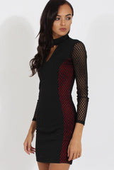Black & Red Mesh Detail Cut Out Bodycon Dress - Derry-Dresses