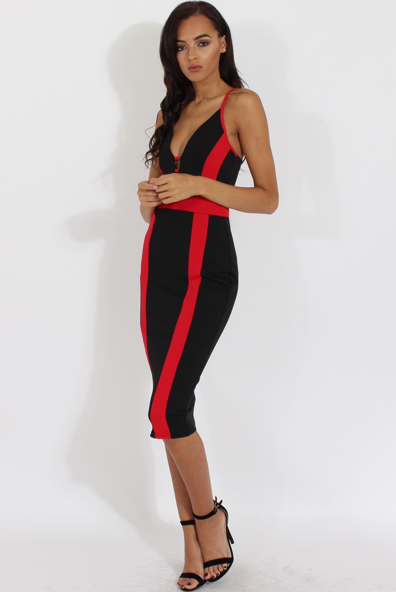 Black & Red Panelled Midi Dress - Unity-Dresses