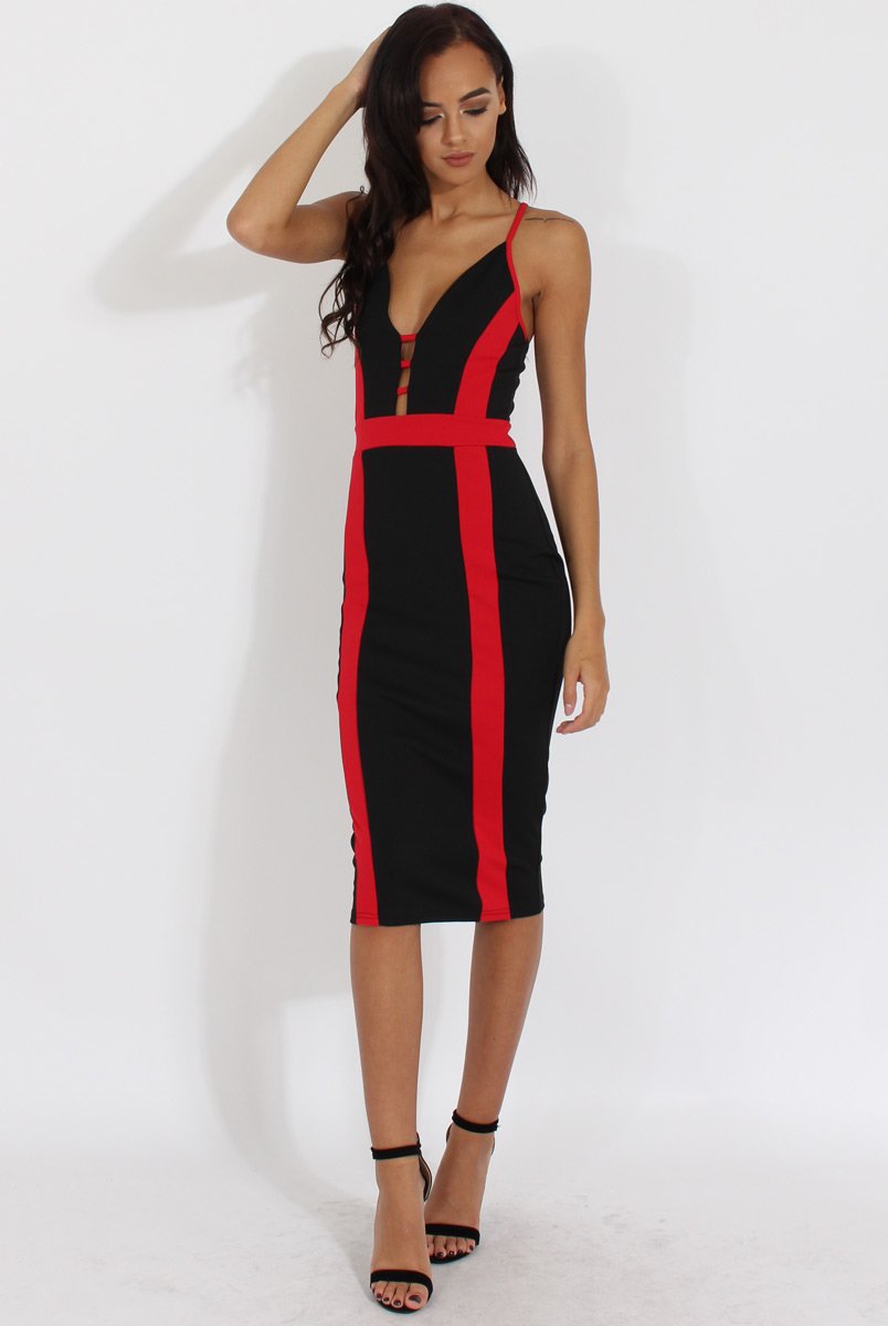 Black & Red Panelled Midi Dress - Unity-Dresses