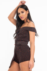 Black Red Polka Dot Belted Wrap Playsuit - Grace-Playsuits