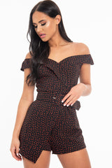 Black Red Polka Dot Belted Wrap Playsuit - Grace-Playsuits