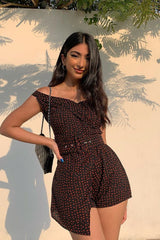 Black Red Polka Dot Belted Wrap Playsuit - Grace-Playsuits