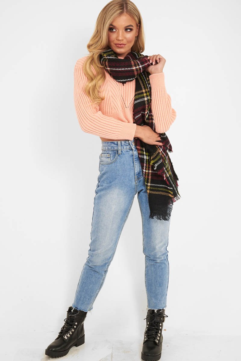 Black Red Tartan Fringe Hem Scarf - Liany-Accessories