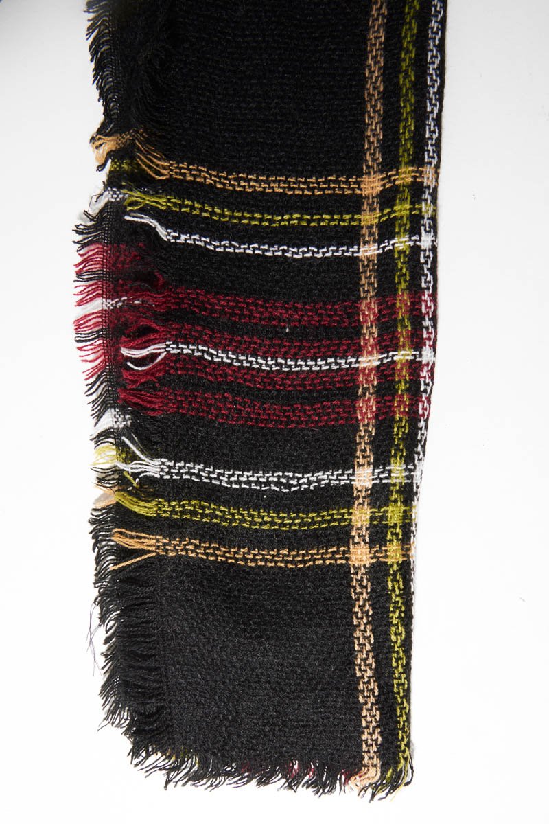 Black Red Tartan Fringe Hem Scarf - Liany-Accessories