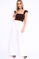 Black Red and Green Striped Smocked Frill Crop Top - Lenni-Tops