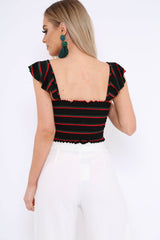 Black Red and Green Striped Smocked Frill Crop Top - Lenni-Tops