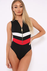 Black Red and White Chevron Zip Front Bodysuit - Elliani-Bodysuits