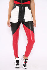 Black Red and White Contrast Faux Leather Trousers - Pax-Trousers