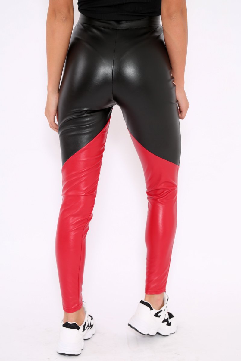 Black Red and White Contrast Faux Leather Trousers - Pax-Trousers