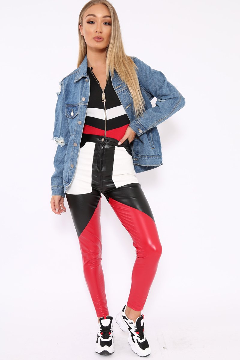 Black Red and White Contrast Faux Leather Trousers - Pax-Trousers
