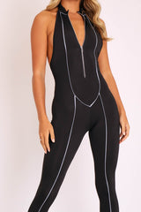 Black Reflective Seam Zip Front Backless Jumpsuit - Raegann-Jumpsuits