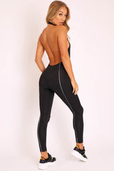 Black Reflective Seam Zip Front Backless Jumpsuit - Raegann-Jumpsuits