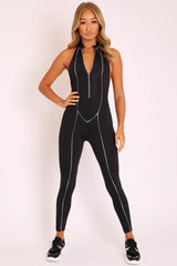 Black Reflective Seam Zip Front Backless Jumpsuit - Raegann-Jumpsuits