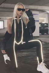 Black Reflective Seam Zip Front Backless Jumpsuit - Raegann-Jumpsuits