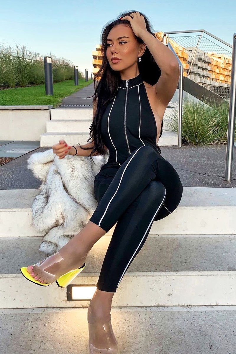 Black Reflective Seam Zip Front Backless Jumpsuit - Raegann-Jumpsuits
