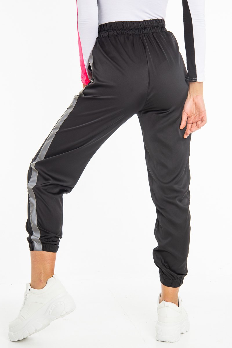 Black Reflective Stripe Detail Joggers - Rosealee-Joggers
