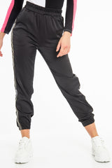 Black Reflective Stripe Detail Joggers - Rosealee-Joggers