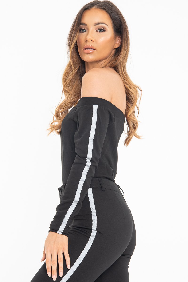Black Reflective Stripe Side Bardot Crop Top - Reece-Crop Tops