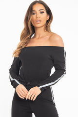 Black Reflective Stripe Side Bardot Crop Top - Reece-Crop Tops
