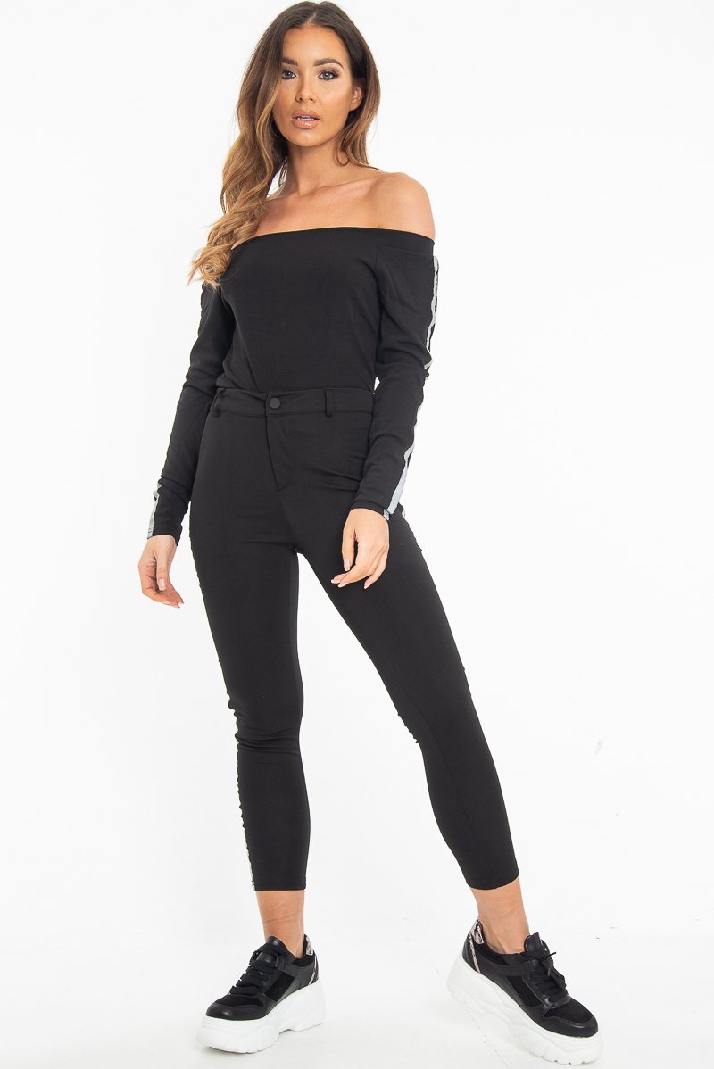 Black Reflective Stripe Side Cigarette Trousers - Nicky-Trousers