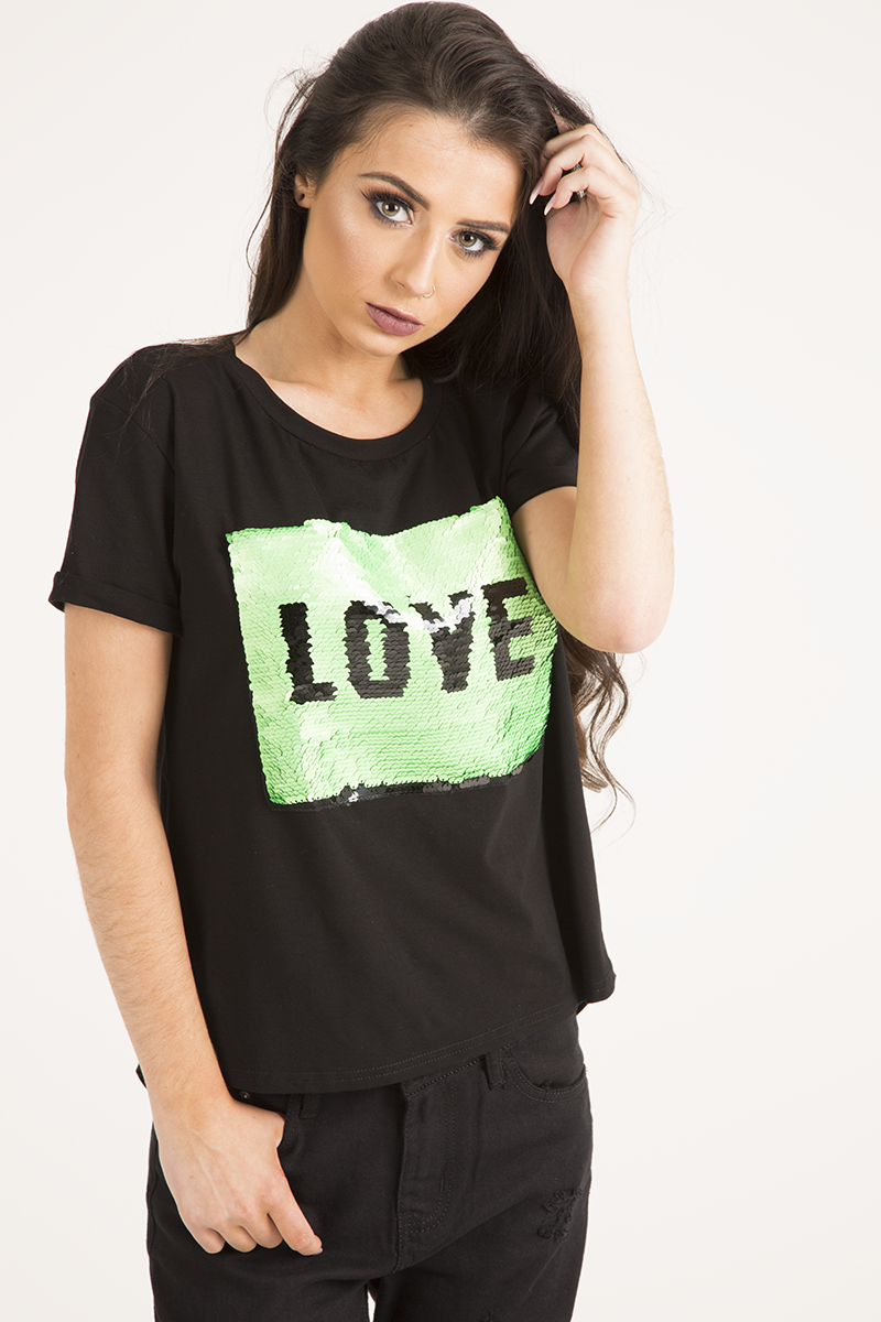 Black Reversible Sequin 'Love' Slogan T-Shirt - Ida-T-shirt