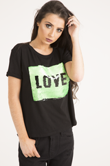 Black Reversible Sequin 'Love' Slogan T-Shirt - Ida-T-shirt