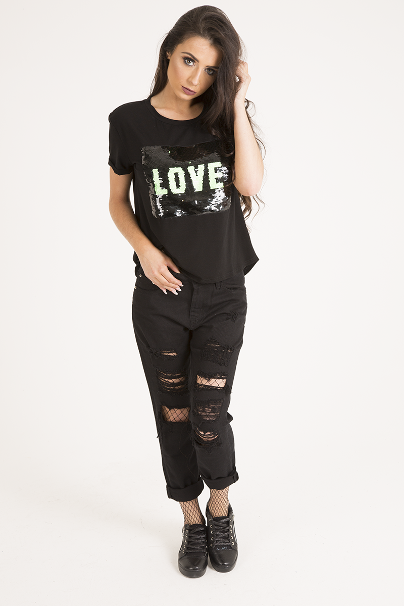 Black Reversible Sequin 'Love' Slogan T-Shirt - Ida-T-shirt
