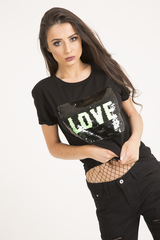 Black Reversible Sequin 'Love' Slogan T-Shirt - Ida-T-shirt