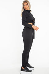 Black Rib Asymmetric Tie Front Top Legging Loungewear Co-Ord - Sasha-Loungewear
