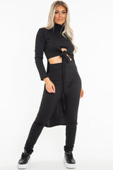 Black Rib Asymmetric Tie Front Top Legging Loungewear Co-Ord - Sasha-Loungewear