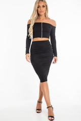 Black Rib Bardot Zip Crop Top Midi Skirt Co-Ord - Miley-Co-ords