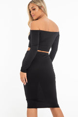 Black Rib Bardot Zip Crop Top Midi Skirt Co-Ord - Miley-Co-ords