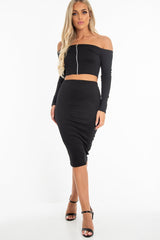 Black Rib Bardot Zip Crop Top Midi Skirt Co-Ord - Miley-Co-ords
